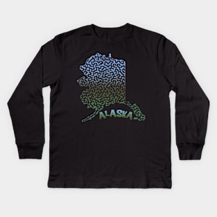 Alaska State Outline Mountain Themed Maze & Labyrinth Kids Long Sleeve T-Shirt